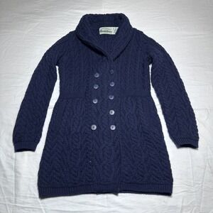 Aran Crafts Cable Knit Merino Wool Cardigan Womens XS Navy Double Breasted Shawl